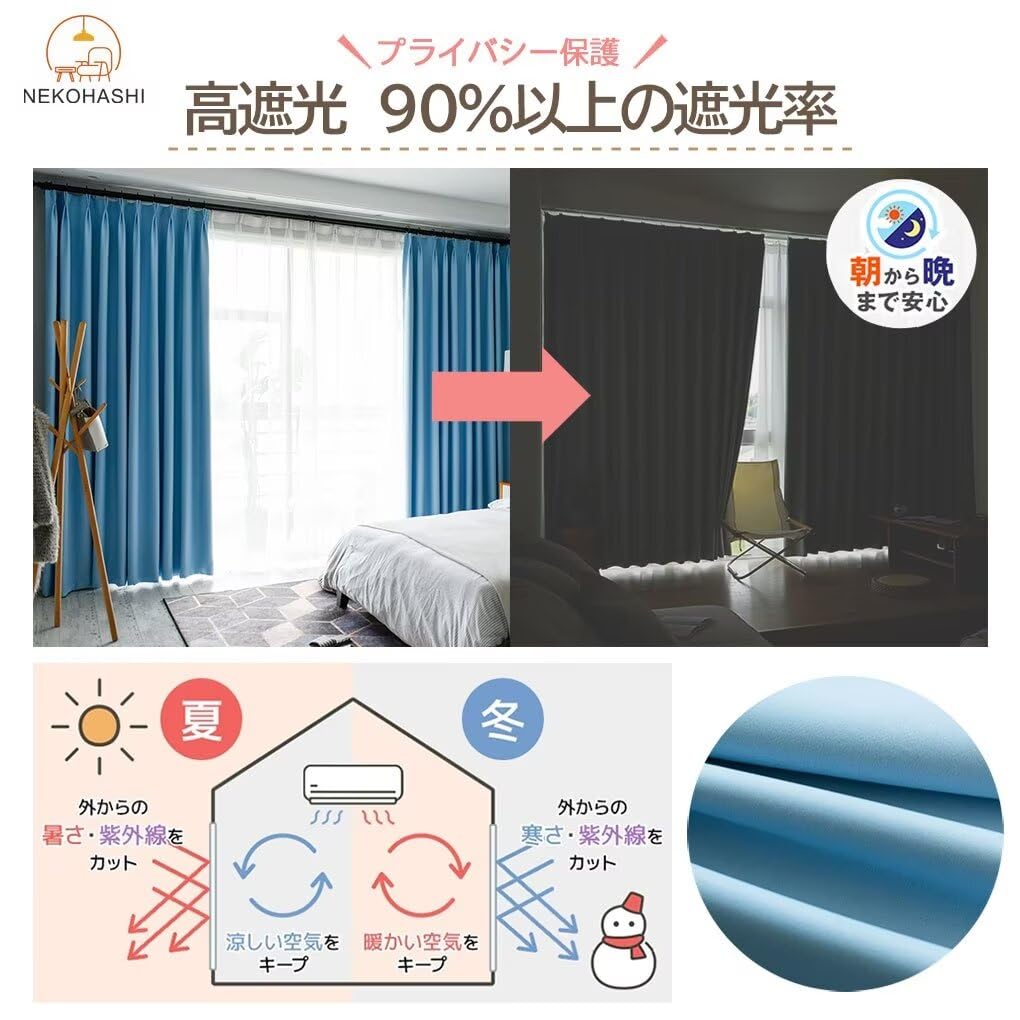 Amazon｜NEKOHASHI 遮光カーテン 2枚セット 小窓 レース付 160cm丈